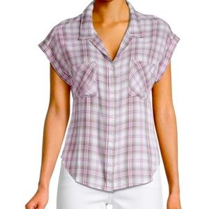 ANTHROPOLOGIE Cloth and Stone Cap Sleeve V-Neck Button Down Plaid Shirt (M)